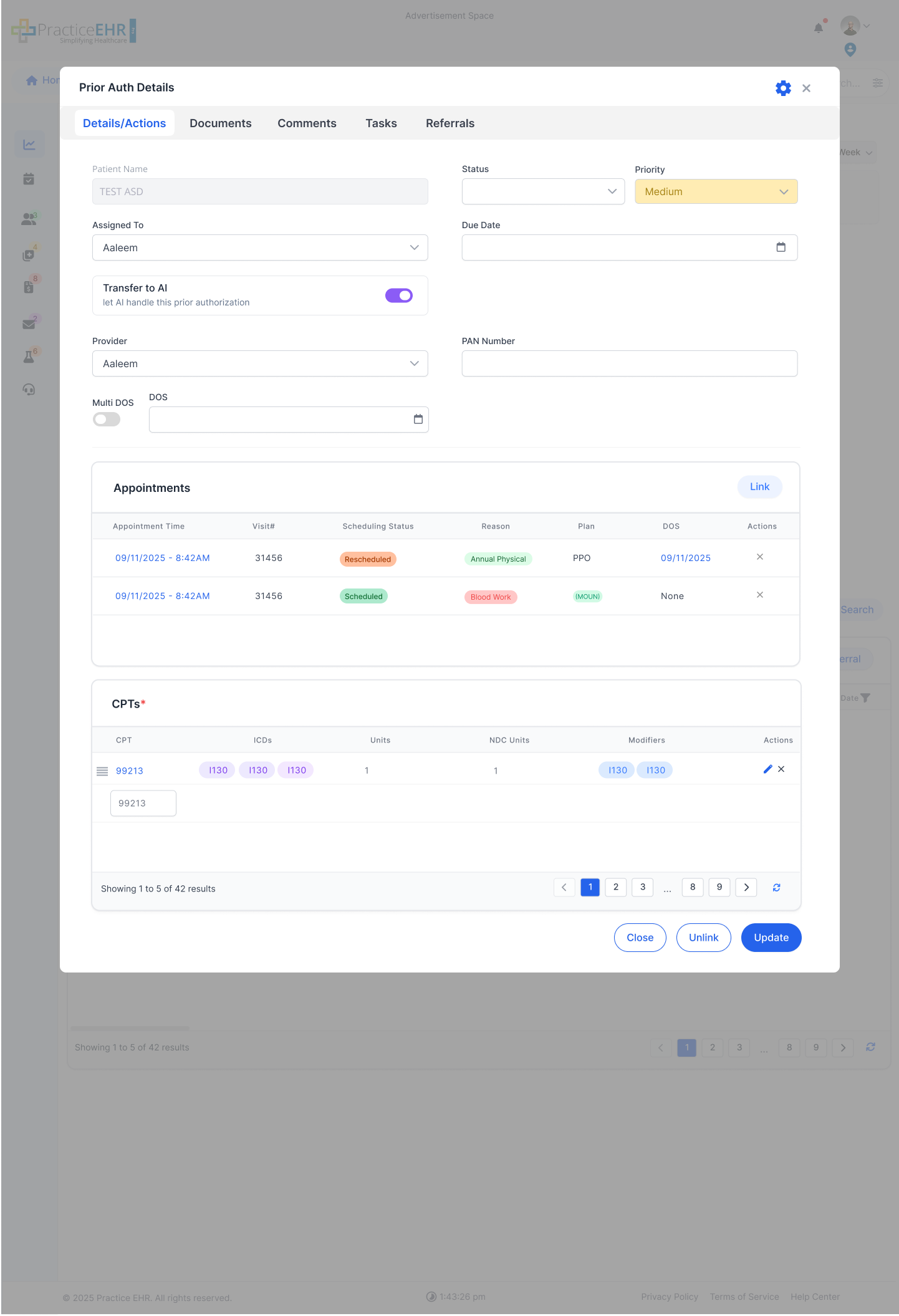 Prior Auth grid with DOS hyperlink opening details modal